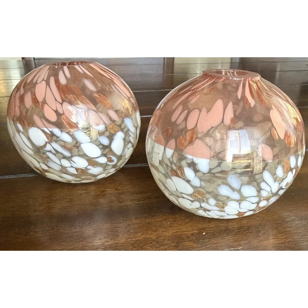 Anthropologie Bela Art Glass Blown Set Of 3 Vases Pink &White Spherical Spatter